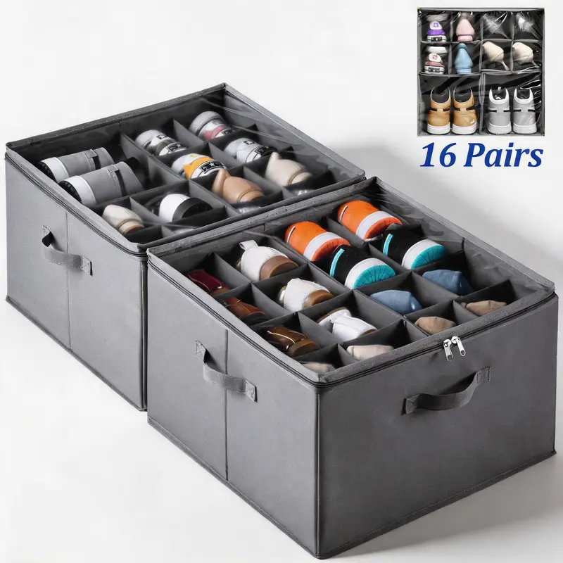Durable Reinforced Fabric Shoe Organizer Boxes - Dust-Proof, Foldable with Adjustable Dividers & Compartments, 8-16 Pairs Capacity, Home Storage Solution for Dorm Students, Clothes Storage Box for Attics, Balcony, Basements