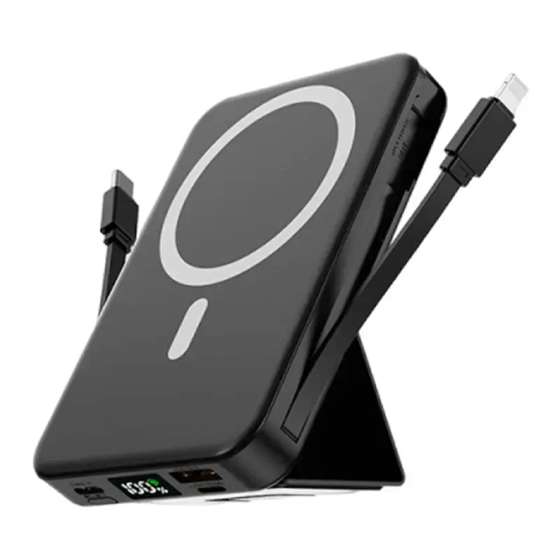 10000mAh Magnetic Power Bank with Built-in USB-C & Lightning Cables, 22.5W PD Fast Charging Portable Charger, Foldable Stand, LED Display, MagSafe Compatible for iPhone 17/16/15/14/13/12 Series & Android Phones Wireless Black