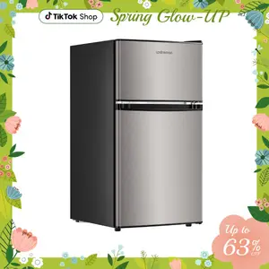 Upstreman mini fridges 3.2 Cu.Ft with Freezer Double Door Adjustable Thermostat Stainless-SD321/BD321 Quiet Efficient LED Light Removable Shelves Crisper Drawer for Dorm Office Bedroom