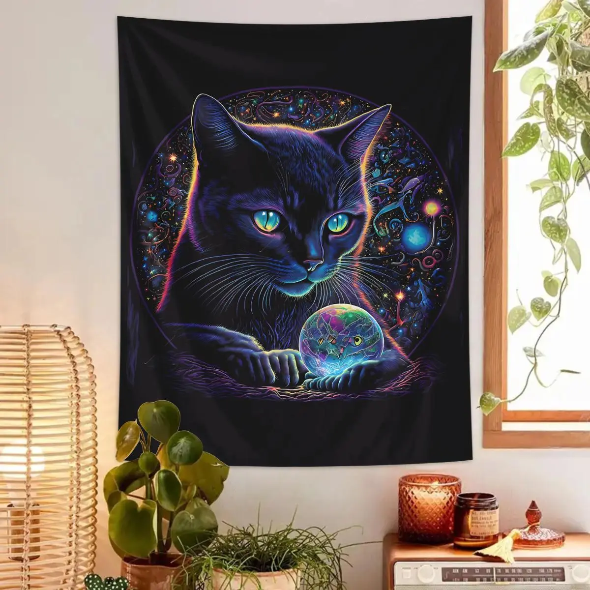 Cat & Crystal Ball Pattern Tapestry, Mysterious Magic Tarot Print Tapestry, Wall Hanging Decor for Home Living Room Bedroom Dormitory