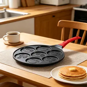 Emoji Mini Pancake Pan- 7 Unique Flapjack Smiley Face,Nonstick Pan Cake Maker Stovetop Griddle for Easy Cleanup, Long Handle