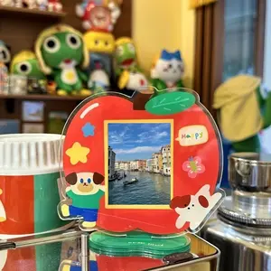 Cute Pig Apple Acrylic Photo Frame Stand with Happy Face & Smiling Dog Decor - 3-Inch Vertical Retro Desktop Display for Polaroid, ID Cards, Photos - Fruit-Themed Home/Office Decor, Durable Lightweight Design
