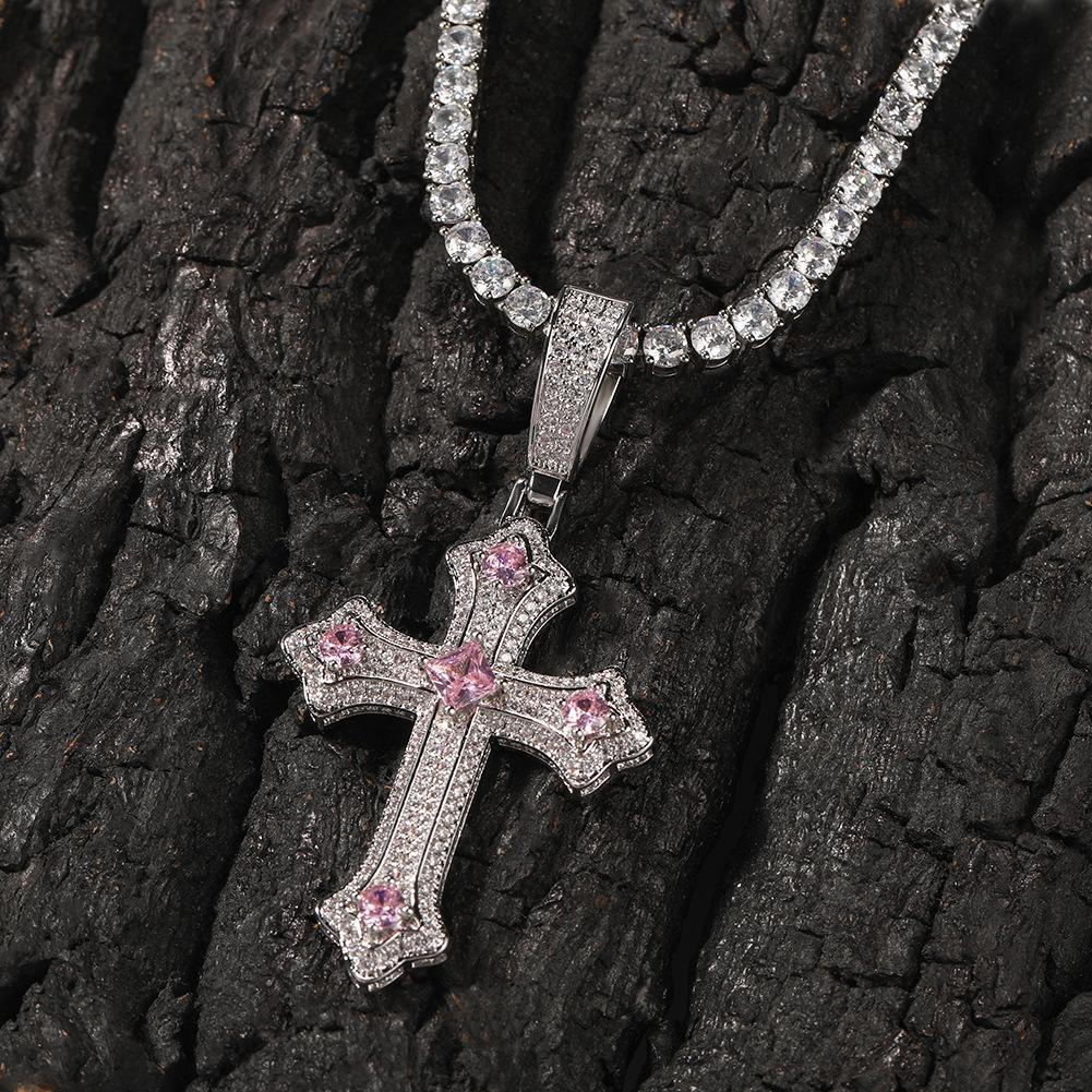 TISXTISW-HIPHOP Style Ice Necklace Jewelry 2 Piece Set, Single Cross Pendant + Twist Necklace, Tricolor Cross Necklace, Blue, Purple, Pink.  accessories for daily use necklace  merch