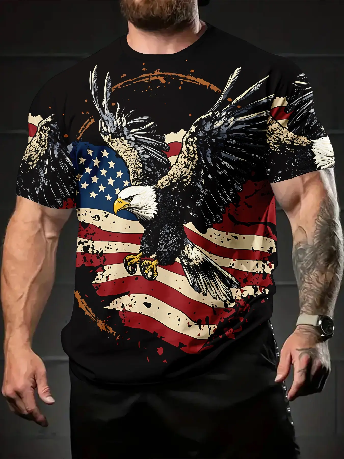 Independence Day vintage American flag with soaring bald eagle 3D digital print Classic T-shirt, Streetwear, Menswear, casual and versatile sports Fitted men's crew neck short sleeve, suitable for daily wear, a perfect holiday gift for men