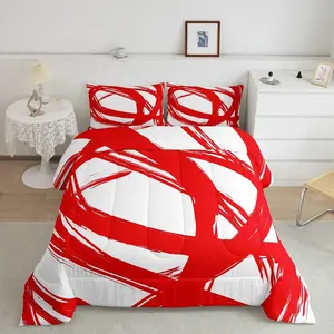 Feelyou Abstract Stripes Breathable Microfiber Bedding Set - Red and White Polyester Fiber U-Stitch Comforter, Artistic Geometric Graffiti Lines Duvet Insert, Travel-Ready Contemporary Boho Quilt (Multi-Size), Breathable Duvet Set