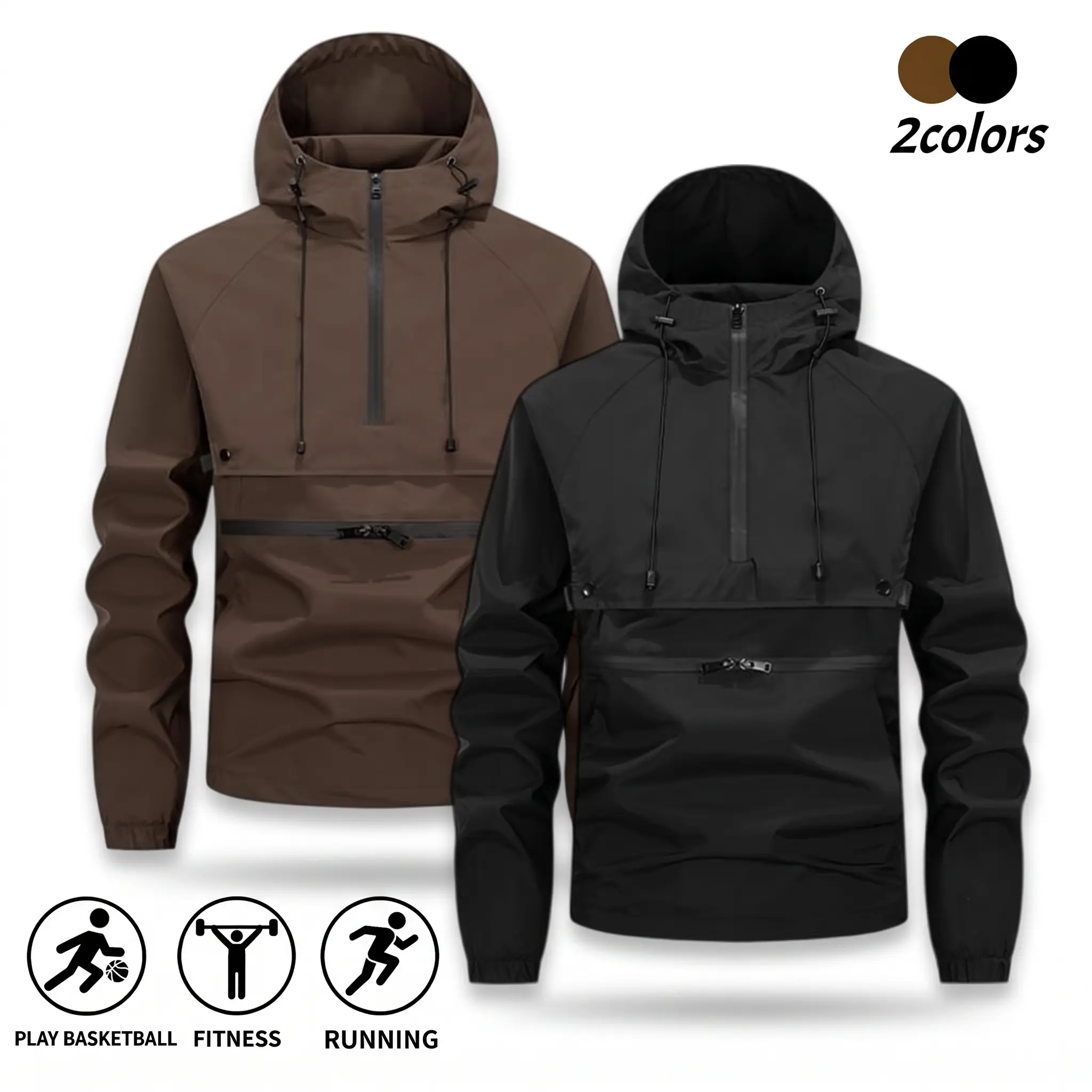 Men’s half-zip pullover hooded outdoor jacket, casual lightweight top, half-zipper pullover hoodie, outdoor functional design, with adjustable drawstring hood, windproof, suitable for running, workouts, outdoor activities, and daily commuting