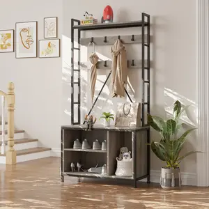 Industrial 5-in-1 Hall Tree with Bench, Freestanding Entryway Organizer with Adjustable Hooks, Cubbies & Shoe Storage Shelves, Rustic Brown Storage Unit for Entryway Hallway Bedroom