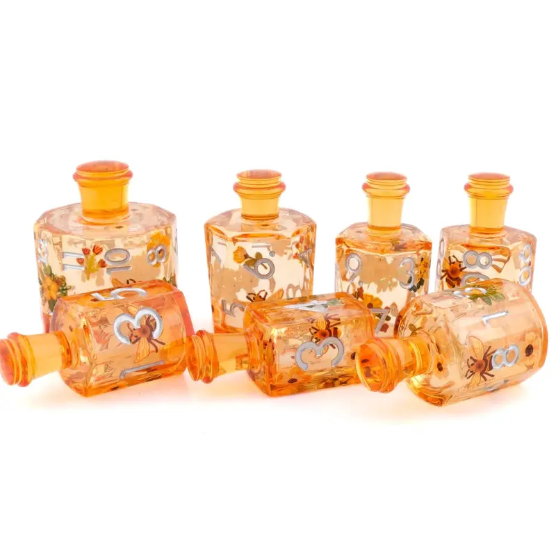 Honey Bee Potion Bottle Resin Liquid Core DnD Dice Set, 7-Piece RPG Dice with Durable Bag