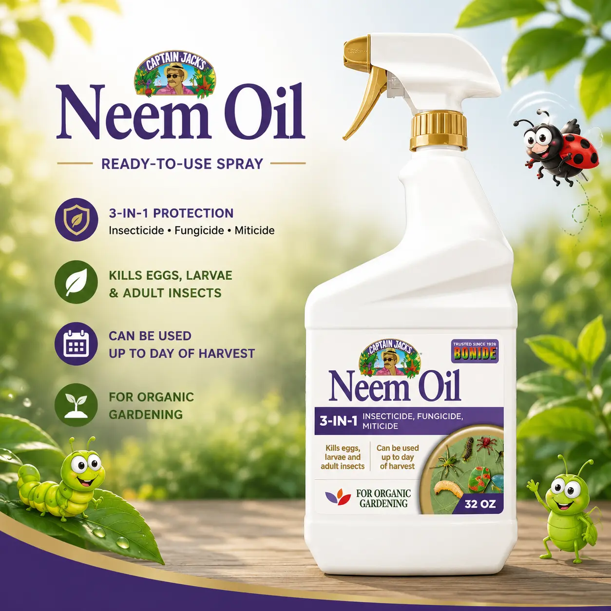 Bonide Captain Jack's Neem Oil, 32 oz Ready-to-Use Spray, Multi-Purpose Fungicide, Insecticide and Miticide for Organic Gardening