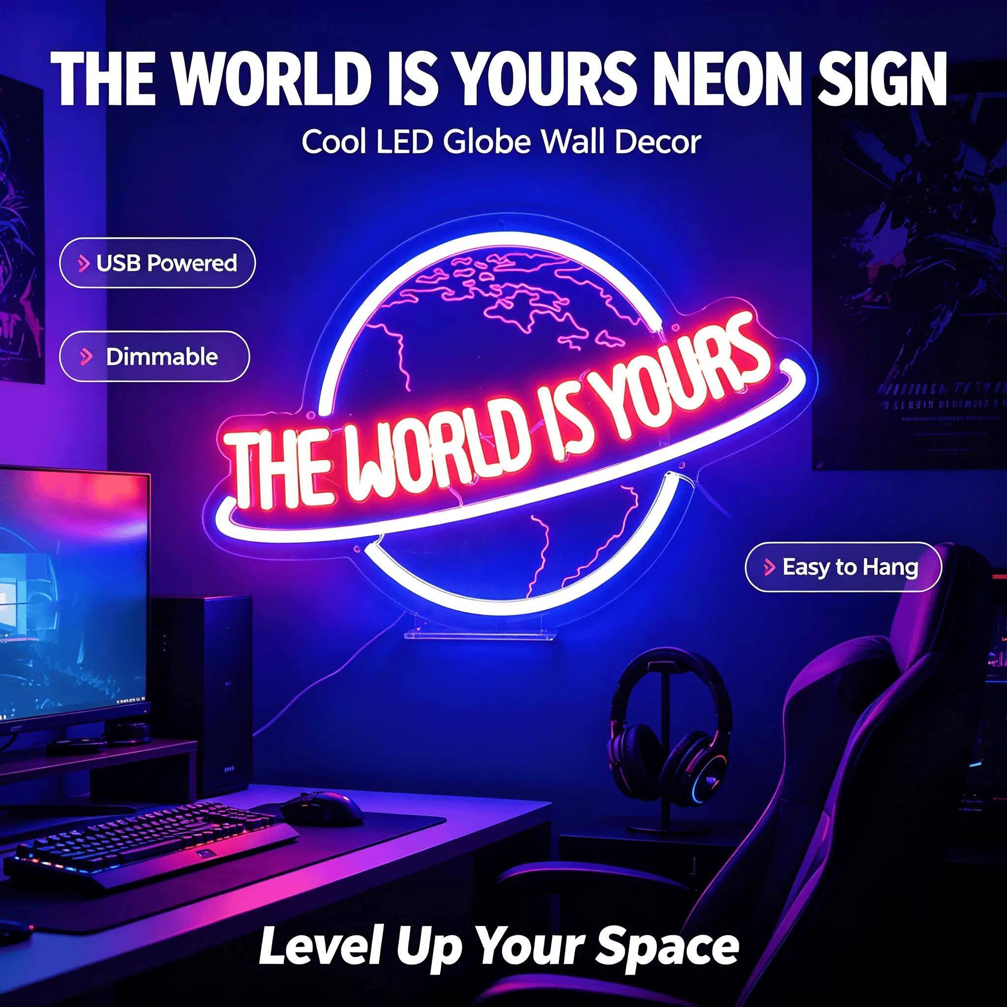 World is your neon sign, Planet World is your LED neon sign - Sculpted Planet Design, suitable for men's lounge, bars, restaurants, Christmas, birthday parties and other occasions, LED art wall decoration CRS light bar sign, USB power supply, unique gifts