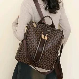 Faux Leather Backpack Black or Dark Brown with Geometric Pattern and Adjustable Straps