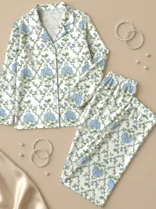 Women's Blue & Green Hydrangea Latin Pajama Set Long Sleeve Button-Up Floral Sleepwear Soft Loungewear Gift for Spring Summer Fall