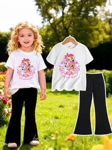 Girls' outfit "My Little Pony Floral Cuteness" cartoon flower cluster surrounding pony print T-shirt + flared pants set, sweet and healing, full of girlish charm, comfortable and eye-catching for daily outings / casual wear
