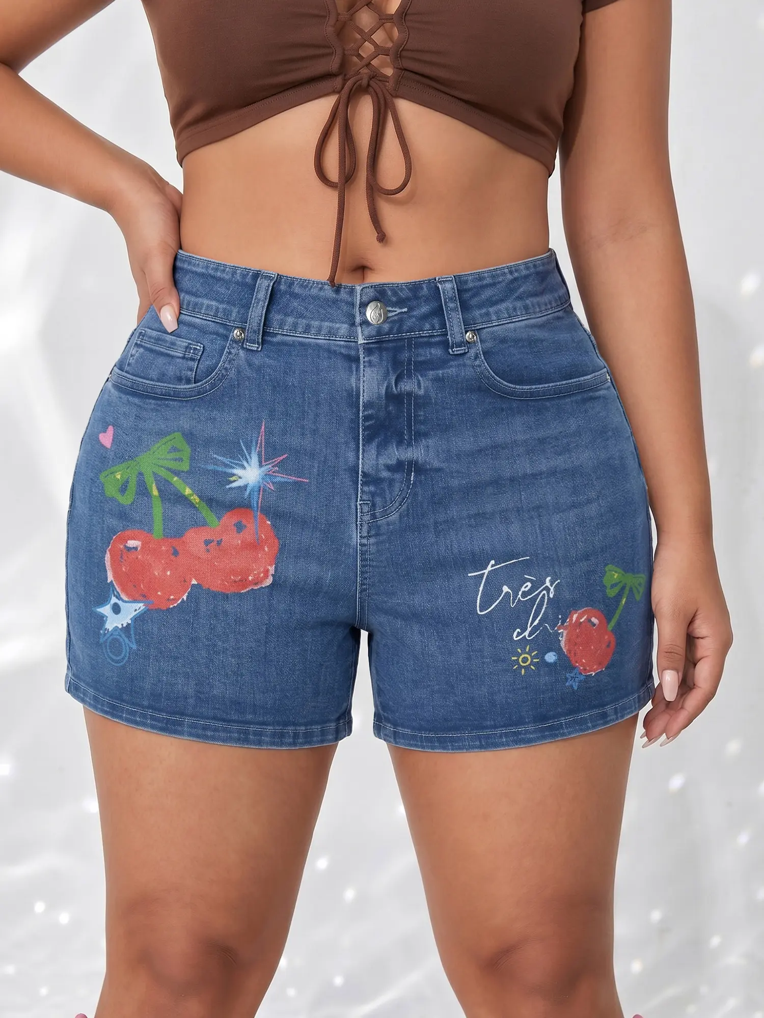 JR JEANIUS WEAR Women's High Waist High Elastic Woven Denim Bermuda Jorts - Soft Vintage Fabric, Bodycon Fit, Colorful Tie-Dye With Cherry & Star Graphics, Thunder Thighs Friendly Everyday Summer Streetwear Casual Piece, Breathable, Digital Print