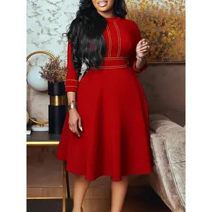 Women'S Colorblock Round Neck 3/4 Sleeve Homecoming Aline Dress Autumn Christmas Party Dress prom dresses Elegant Formal Red Chic   Workwear
