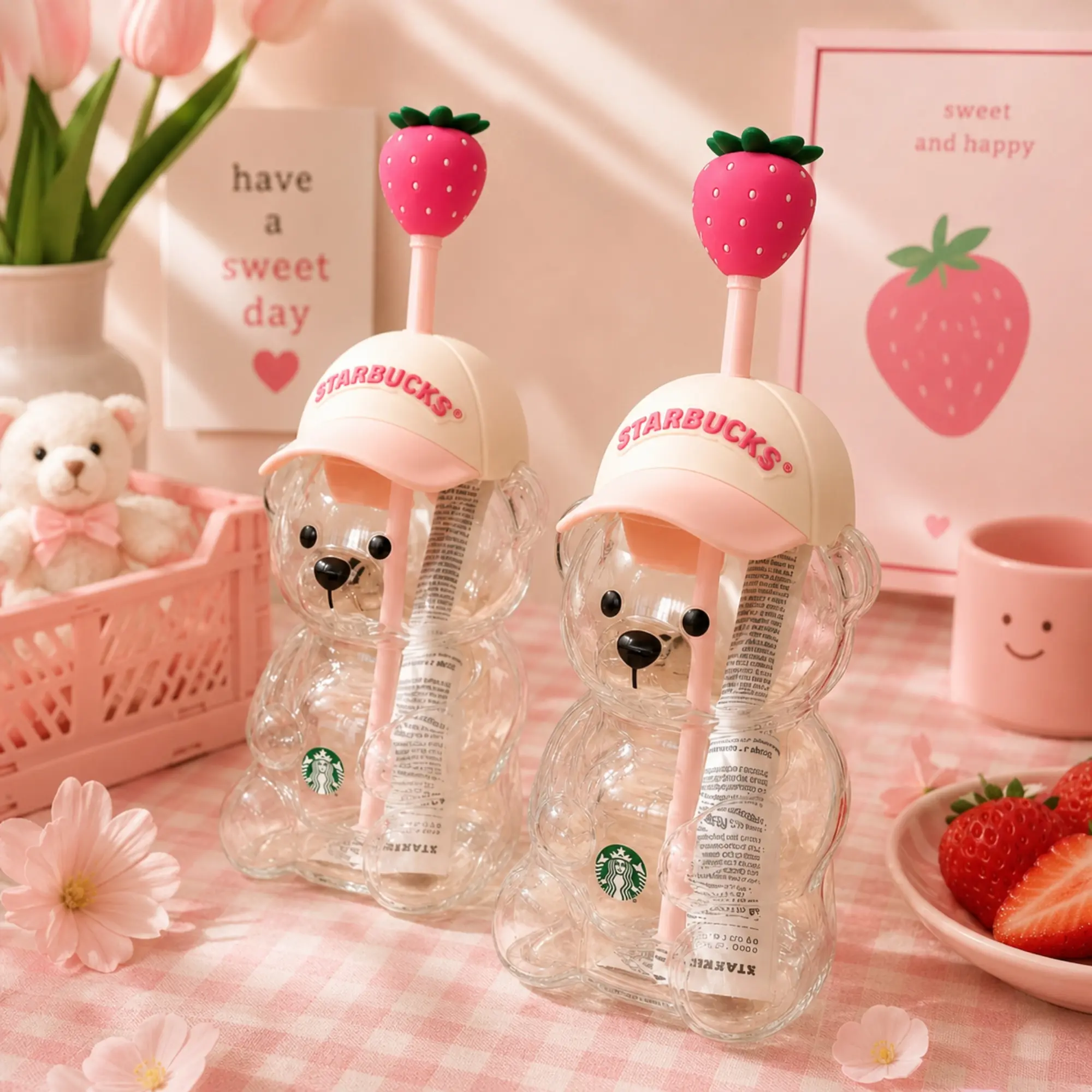 Aesthetic 20oz Strawberry Bear Glass Cup with Airtight Lid Cute Pink Mug for Iced Coffee, Cocktails & Valentine’s Gift