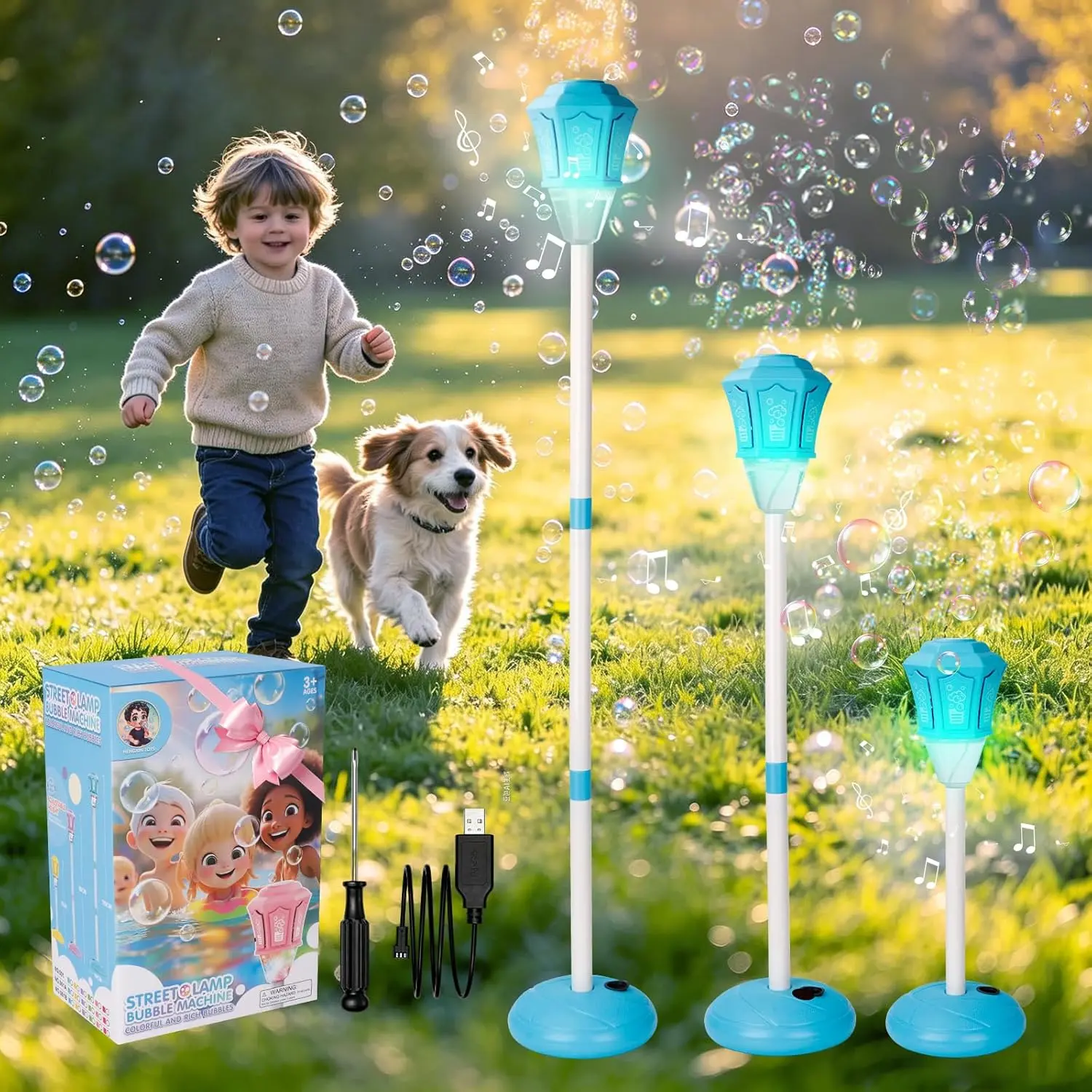 【Back to School Hauls】 Standing Automatic Bubble Machine for Kids Above 6 Yrs - ABS Plastic, Auto Operation, Built-In Tunes, Giant Tower, 47-In Height Adjustable, Battery-Powered, With Bubble Solution, Outdoor Birthday Party Gift