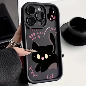 Black Powder Cat TPU Case for iPhone 17 Pro Max 16 16e 15 14 Plus 13 12 Mini 11 Air X XS Straight Edge Drop-Resistant Rugged Durable Cover Shell Gift 2D printing