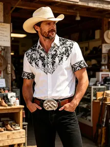 Western Cowboy Style Men's Short Sleeve Shirt, Vintage Baroque Print Collar Casual Top, American Retro Commute Versatile Button-Down