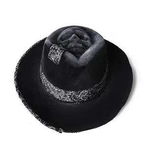 Black Distressed Fedora with Paisley Band & Card Accent |   Western Style Hat