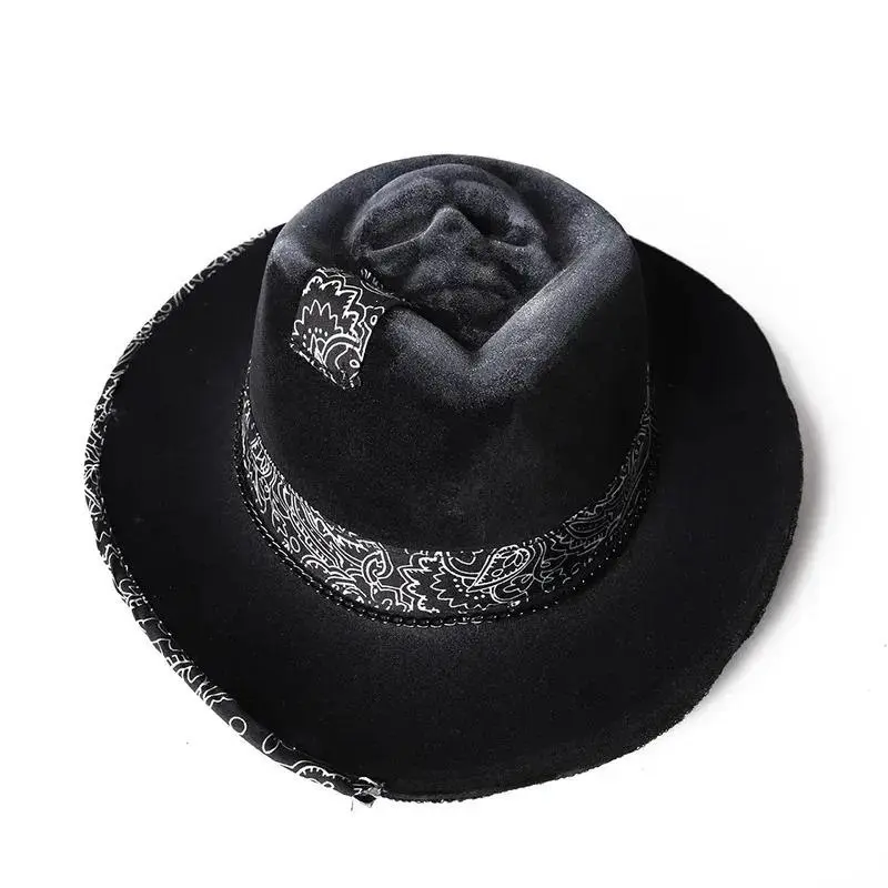 Unisex Western Fedora Hat for Adults - Black Cotton Distressed, Paisley Band, Card Accent, Cashmere-Blend, All-Season Sports & Outdoor Casual Accessory, Fedora Hats, All Seasons, Everyday, Western Look, Distressed Edge