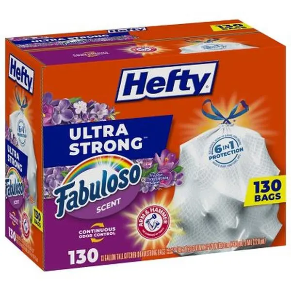 Hefty Ultra Strong Drawstring Trashbags, Fabuloso Scent, 13 Gal, 130 Ct, Heavy Duty Trash Bags for Kitchen & Garage Use
