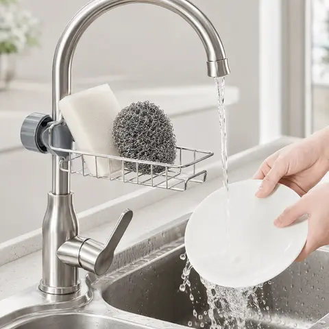 Stainless Steel Faucet Sink Organizer Basket, Adjustable Clamp Sponge Holder with Towel Bar & Side Hook, Fast-Draining Kitchen Caddy for Round Faucets