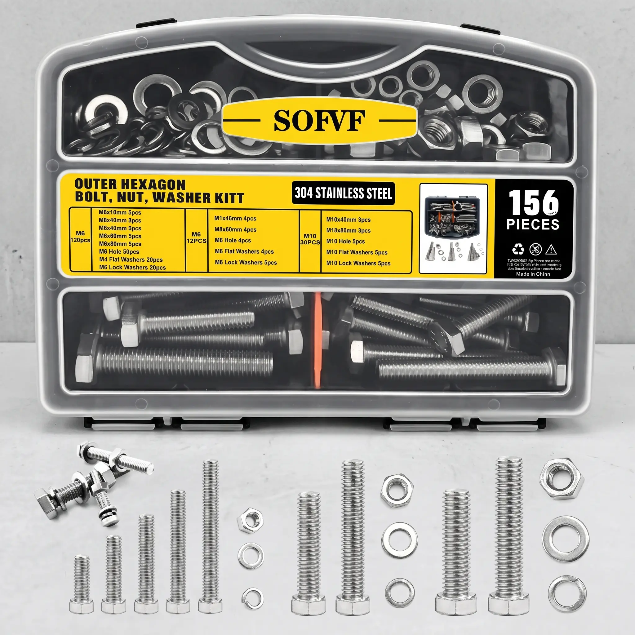 156PCS M6/M8/M10 304 Stainless Steel Hex Bolt Nut Washer Assortment Kit, Anti-Rust Full Thread Outer Hex Screws with Flat & Lock Washers for Furniture Bracket Indoor Outdoor Construction Repair