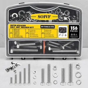 156PCS M6/M8/M10 304 Stainless Steel Hex Bolt Nut Washer Assortment Kit, Anti-Rust Full Thread Outer Hex Screws with Flat & Lock Washers for Furniture Bracket Indoor Outdoor Construction Repair
