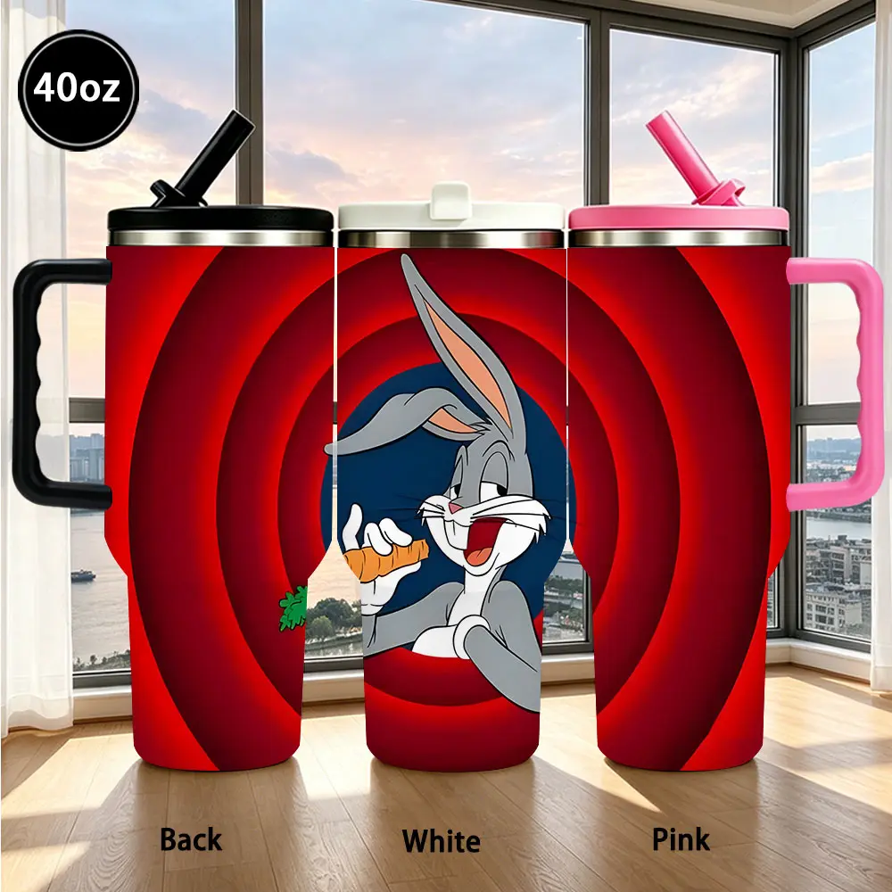 Bugs Bunny Looney Tunes Tumbler, Classic Red Swirl Cartoon Print Stainless Steel Insulated Cup, 12/18/20/30/40oz Multi-Size Travel Mug, Car Cup Friendly, Cartoon Fan Gift