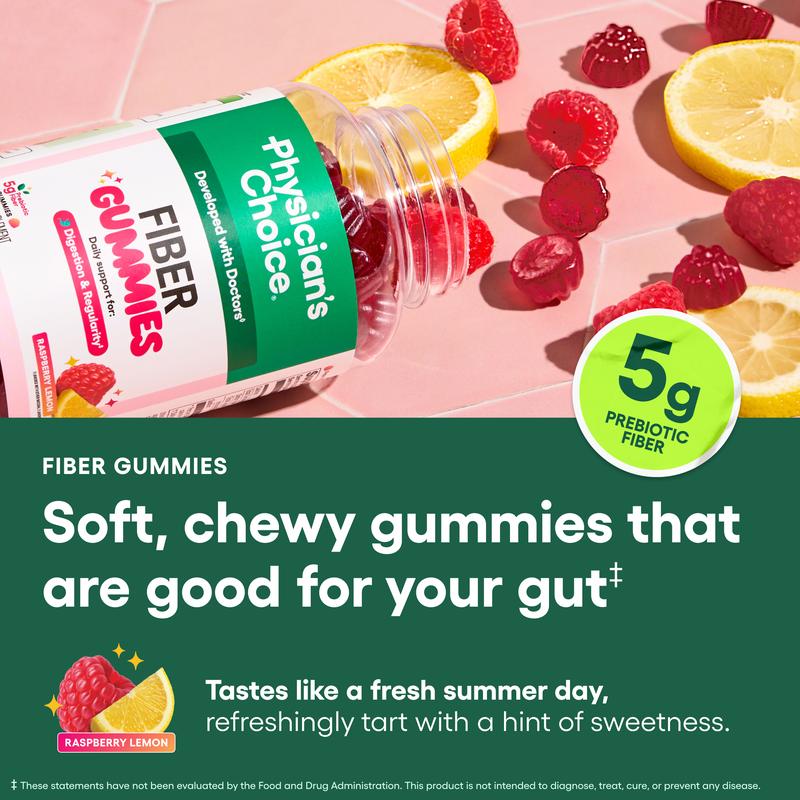 Physician’s Choice Fiber Gummies 3-Pack: Digestive Health & Regularity - Raspberry Lemon Flavor - No Sugar Added & Vegan - Daily Gummy for Adults
