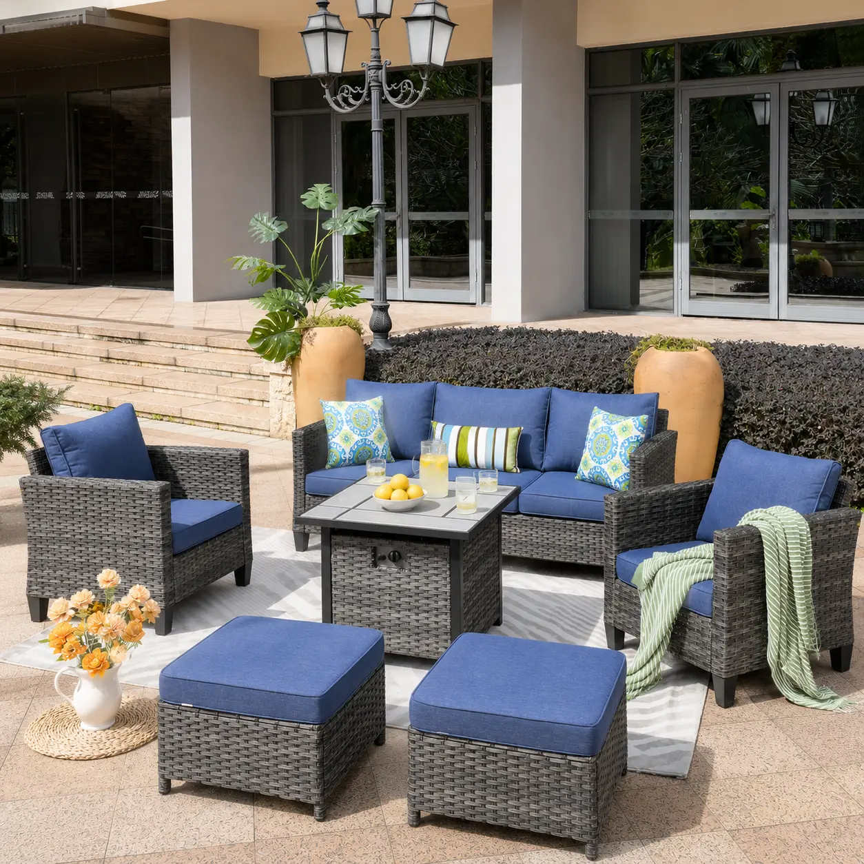 【Summerfinds】Ovios 6-Piece Outdoor Patio Furniture Set with 30" Propane Fire Pit Table, All-Weather Wicker Conversation Set with Cushioned Sofa & Chairs for Backyard, Garden, Deck & Patio