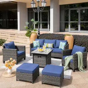 【Summer Vibes】Ovios 6-Piece Outdoor Patio Furniture Set with 30" Propane Fire Pit Table, All-Weather Wicker Conversation Set with Cushioned Sofa & Chairs for Backyard, Garden, Deck & Patio