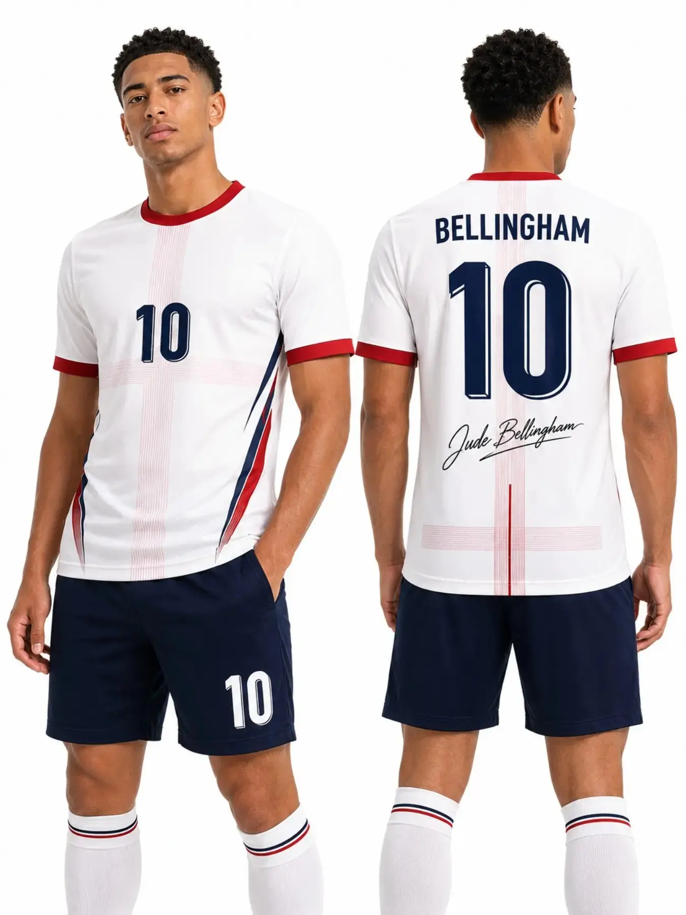 England Bellingham 10 Soccer Jersey T-Shirt, Men's Football Fan Signature Tee, Casual Loose-Fit Long Sleeve, All-Over Print, Football Jerseys