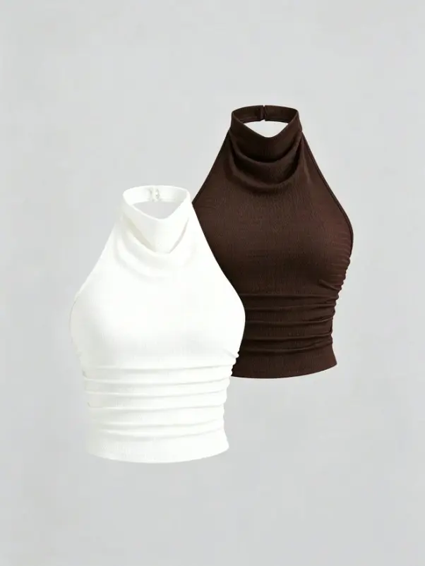 CROWNS 2pcs Women's New Elegant Ruched Halter Neck Backless Solid Color Tank Top Shirt Casual Commute Versatile Y2K