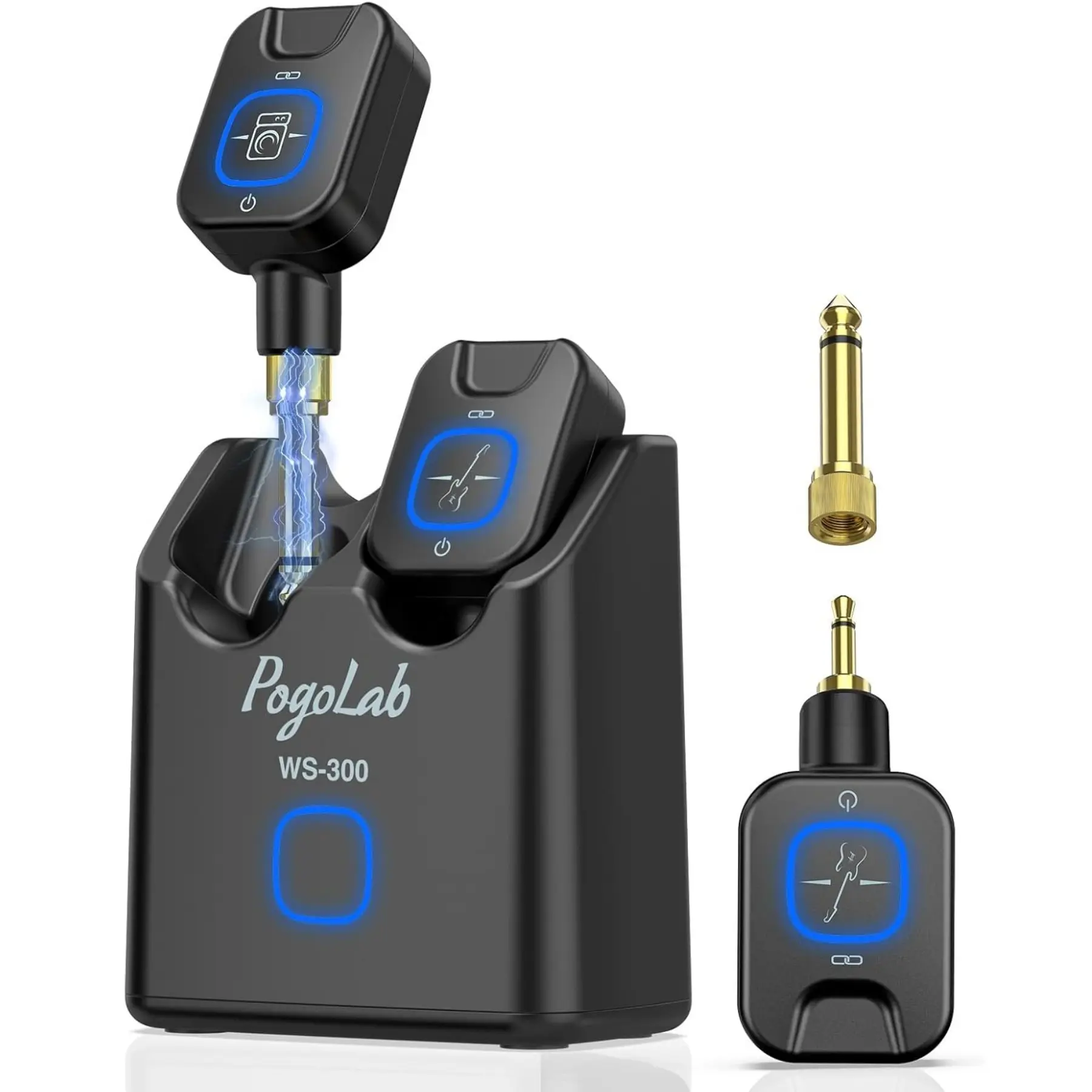 POGOLAB Wireless Guitar System 5.8GHz with Charging Box, Wireless Transmitter Receiver with 6.35mm/3.5mm 2-in-1 plug, 6 Channels Available, 18H Total Battery Life, for Electric Guitars, Bass