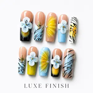 Medium Square Press-On Nails 10PCS | Handmade Y2K Tropical Nude Blue Yellow Black White, 3D Flowers Tiger Stripes Gold Star Charms | Glossy Reusable Non-Toxic Fake Nails, Easy Application Everyday Fresh Look Daily Wear