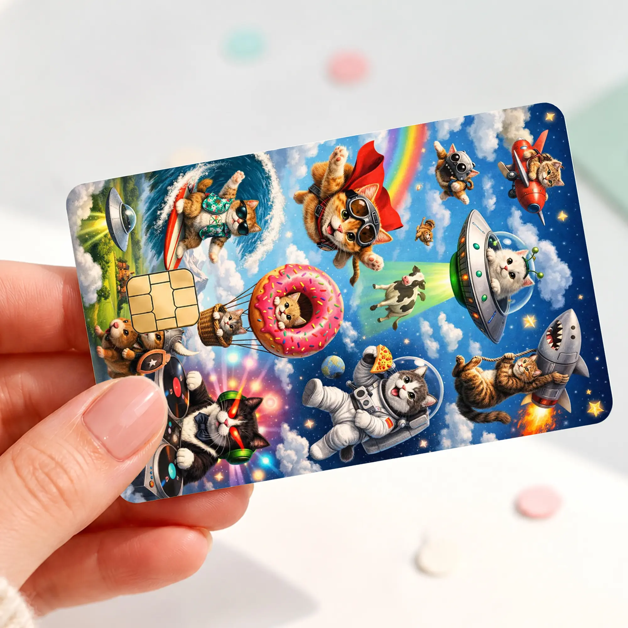 Space Adventure Cats Credit Card Skin Sticker, Funny Galaxy Kitty Debit Card Cover, Astronaut Cat UFO Rocket Bank Card Decal, Colorful Cosmic Cat Lover Wallet Wrap Gift