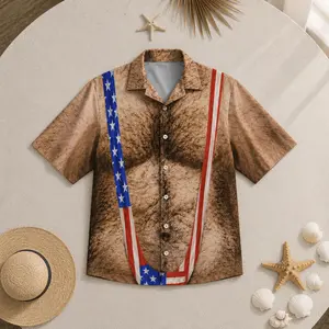 Funny 4th of July Hawaiian Set - Patriotic Hairy Chest American Flag Suspenders Print Top & Bottom, Button Shirt Swim Trunks, High-Quality Polyester, Perfect Gift for Him Summer Vacation