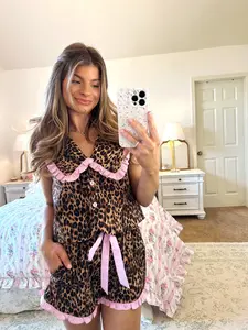 Coquette Leopard Sleep Set – Pink Trim Pajama Shorts Set for Women, Cute Nightwear Gift