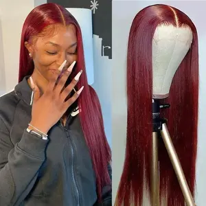 TikTokShopBlackFriday Burgundy Lace Wig Straight Brazilian Human Hair Wigs 99J Colored 13x4 Transparent Lace Frontal Wig for Women Pre Plucked Red Wig 180% Density Bling Hair