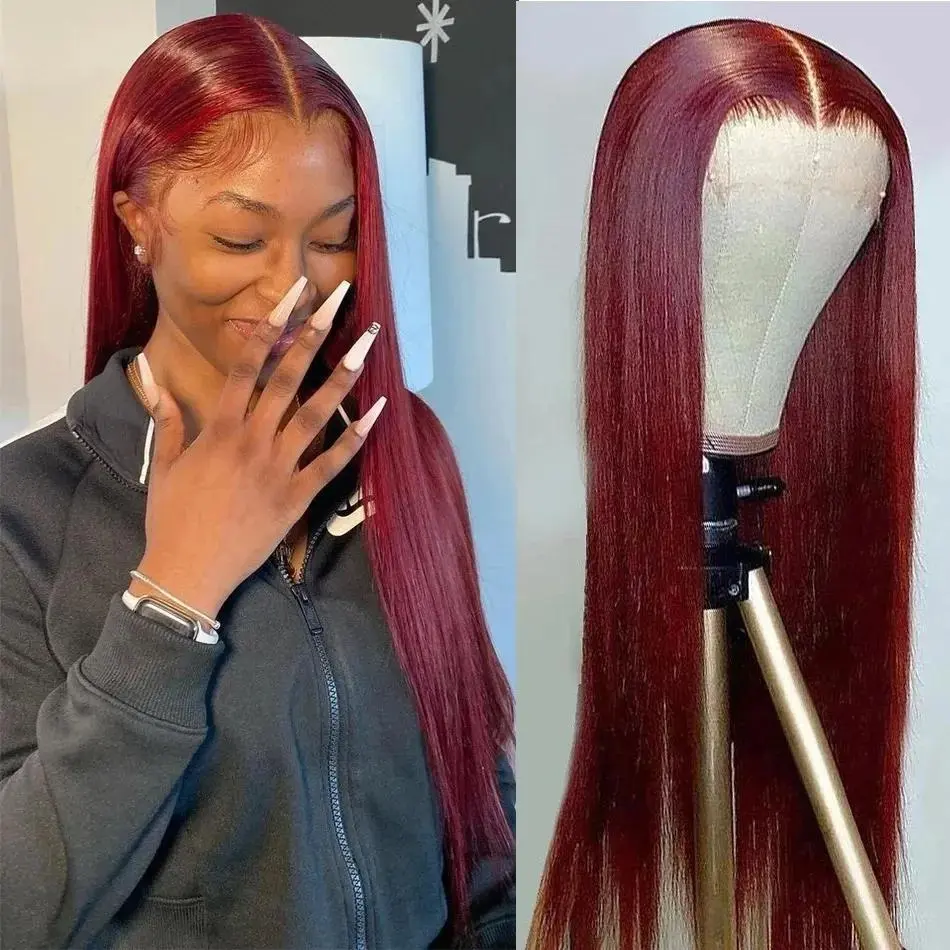 TikTokShopBlackFriday Burgundy Lace Wig Straight Brazilian Human Hair Wigs 99J Colored 13x4 Transparent Lace Frontal Wig for Women Pre Plucked Red Wig 180% Density Bling Hair