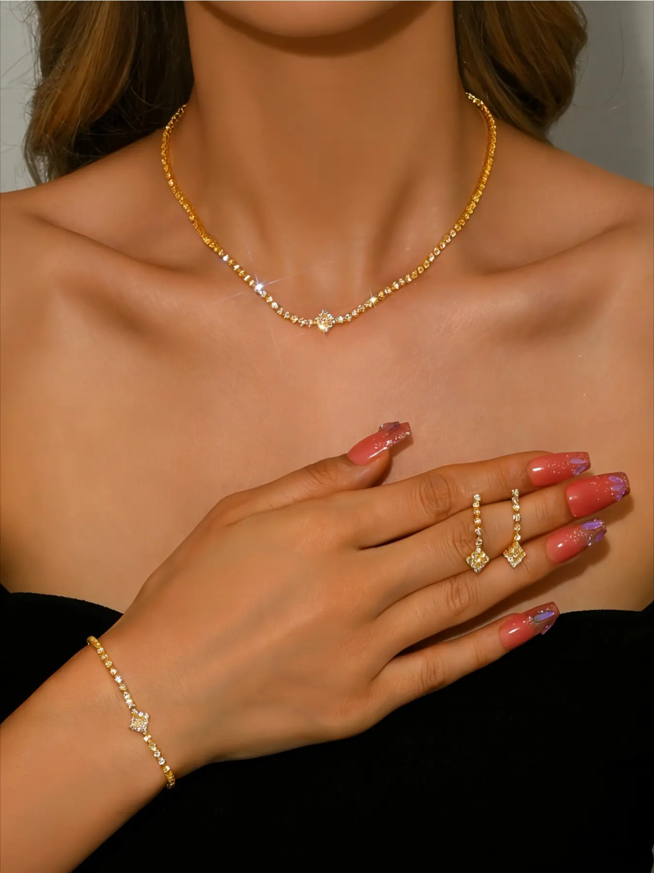 4-piece Fashionable Geometric Sparkling Rhinestone Necklace Bracelet Earrings Women's Trendy Jewelry Set Elegant Banquet Party Vacation Temperament Jewelry Set Matching Jewelry Set
