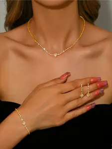 4-piece Fashionable Geometric Sparkling Rhinestone Necklace Bracelet Earrings Women's Jewelry Set Elegant Banquet Party Vacation Temperament Jewelry Set Matching Jewelry Set