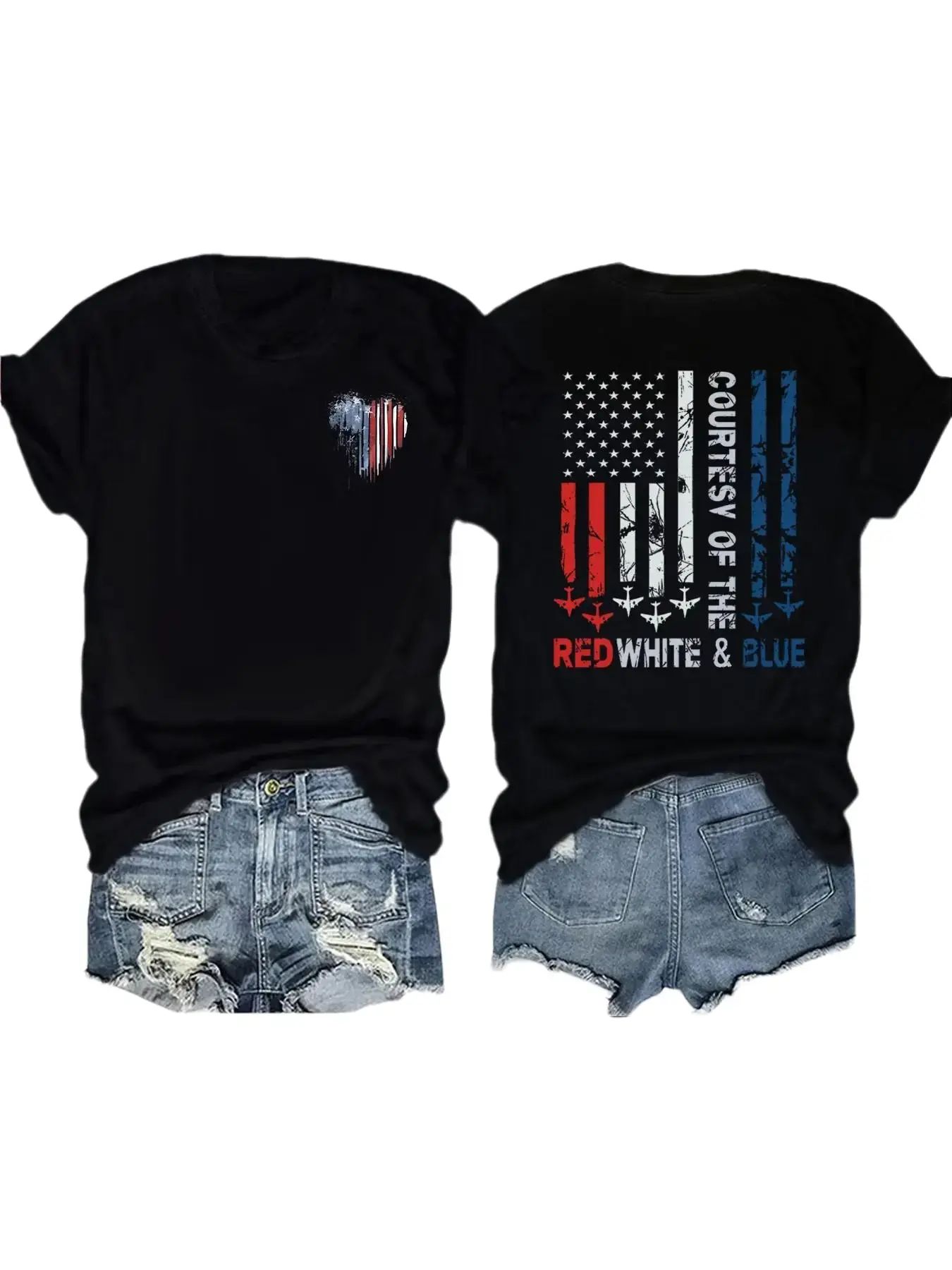 Women's Patriotic T-Shirt with Stars and Stripes Heart Graphic, Casual Short Sleeve Soft Cotton Blend Everyday Top, Tops, Thanksgiving, T Shirts Women, Everyday Tee, Flag, Shortsleeve, Tshirt, Lady, Easter, Valentines Day, Hangable Top