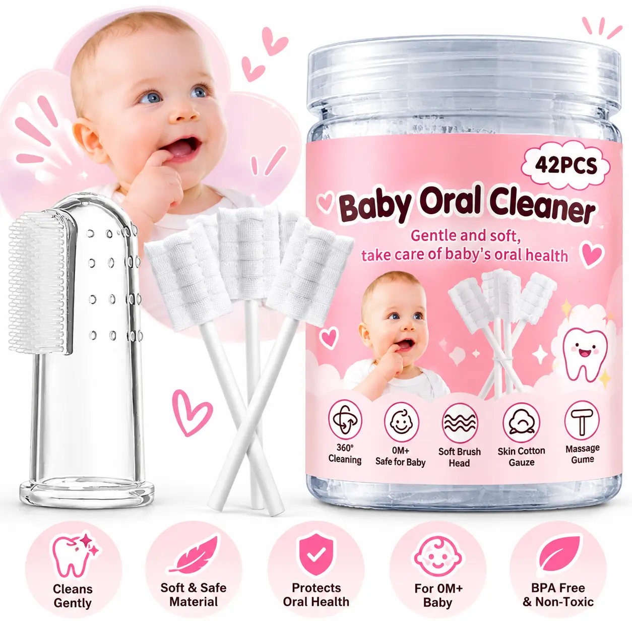 Christmas Gift Baby Tongue Cleaner, 42Pcs Disposable Infant Toothbrush, Gauze Gum Cleaner Baby Oral Cleaning Stick Dental Care for 0-36 Months + Free 1 Finger Toothbrush