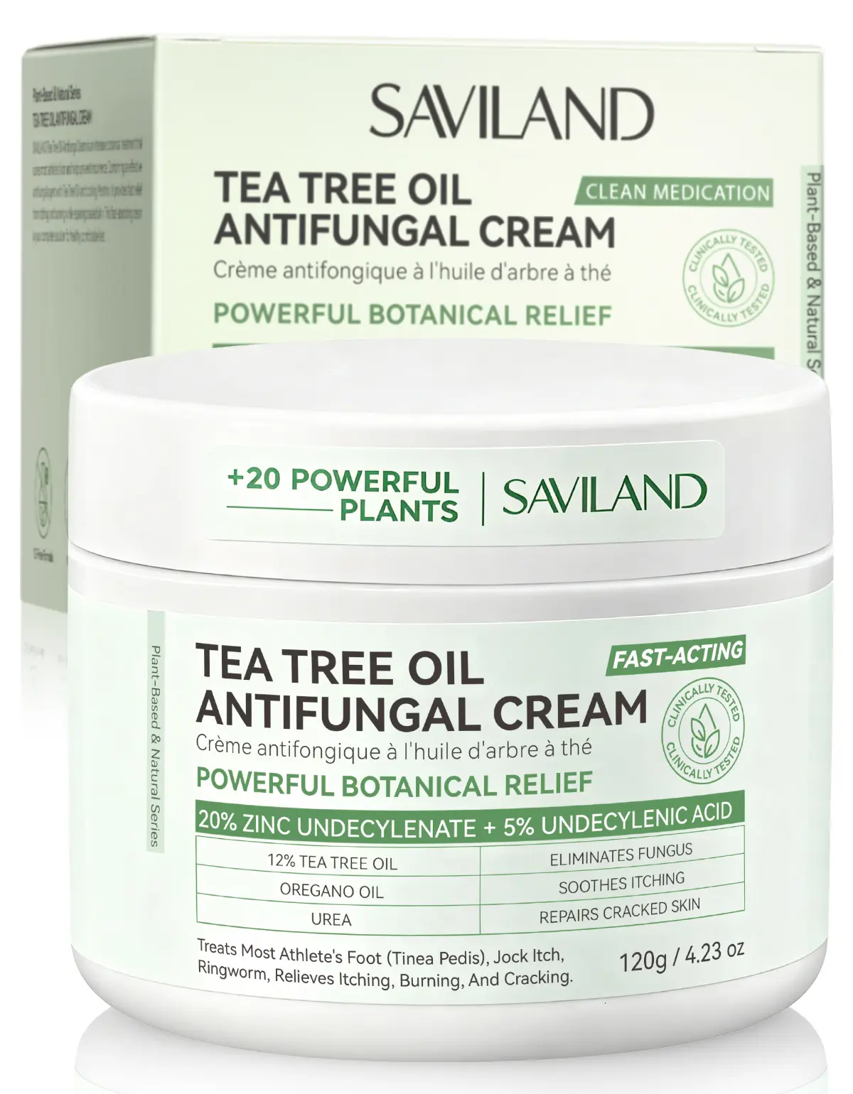 SAVILAND Antifungal Cream Extra Strength: 25% Undecylenic Acid Treatment for Athlete’s Foot, Jock Itch & Ringworm, Soothing Skin Relief with Tea Tree & Oregano Oil, 120g