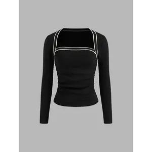 Cider [size 2-26] Knit Square Neck Solid Contrasting Binding Ruched Long Sleeve Top