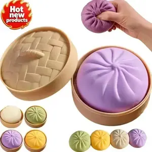 Colorful Dumpling Stress Ball, Squeeze Dough Balls, Elastic Desktop Toy with Steamer Basket, Cute Soft Toys, Shiny Stress Relief Toy