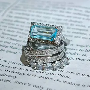 3PCS Stackable Ring Set for Women | Emerald Cut Aquamarine Color CZ Iced Out Ring | Hypoallergenic No Tarnish Copper Ring for Daily Wear Party y2k accessories